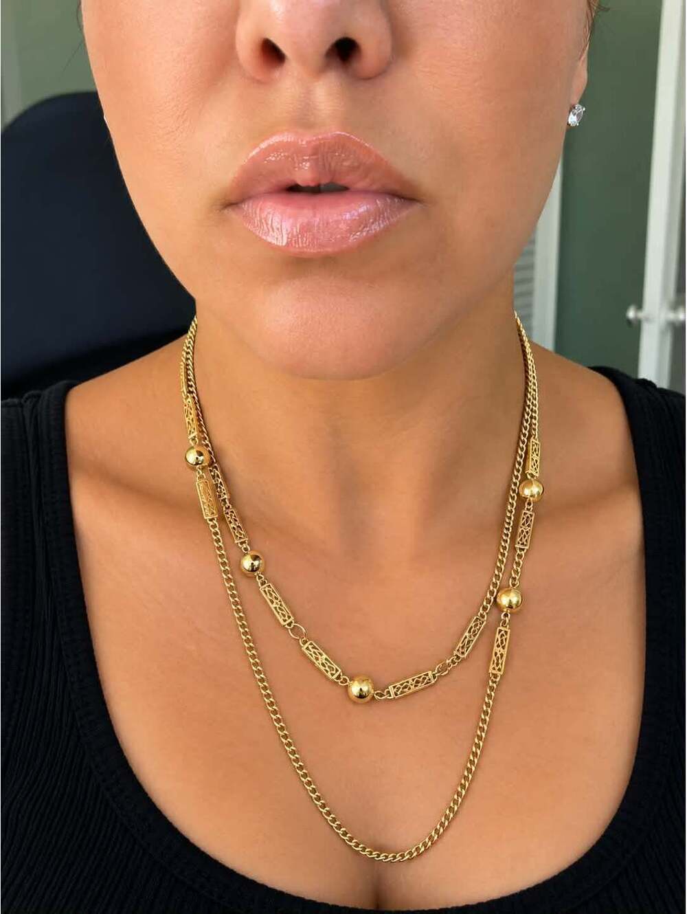Vintage Monet gold tone extra long filigree station chain necklace